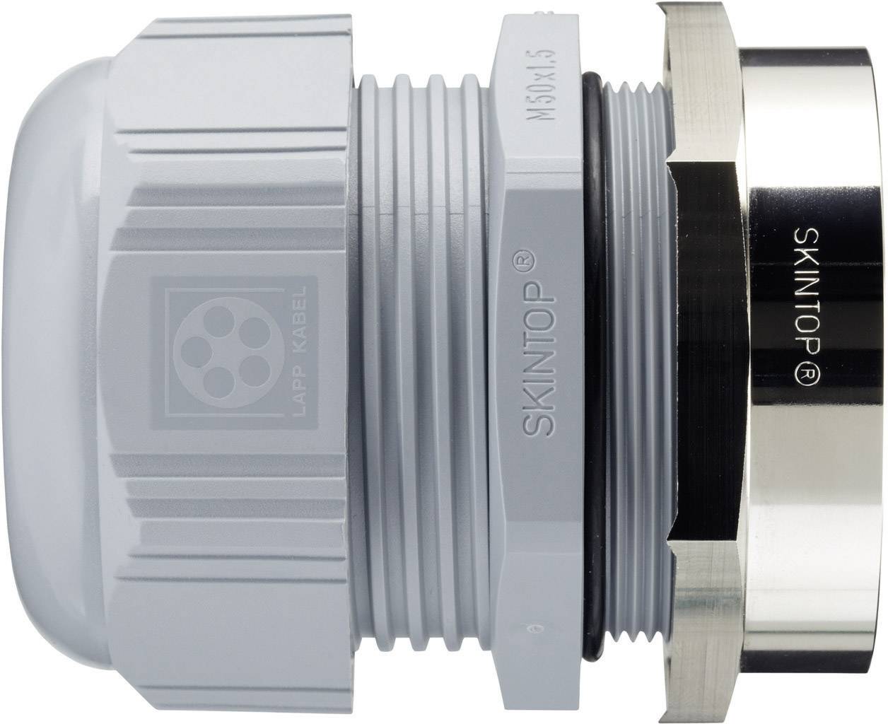 'Metal cable gland with cylindrical plastic component and toothed screw fixing, marked with 'SKINTOP' on the side.'