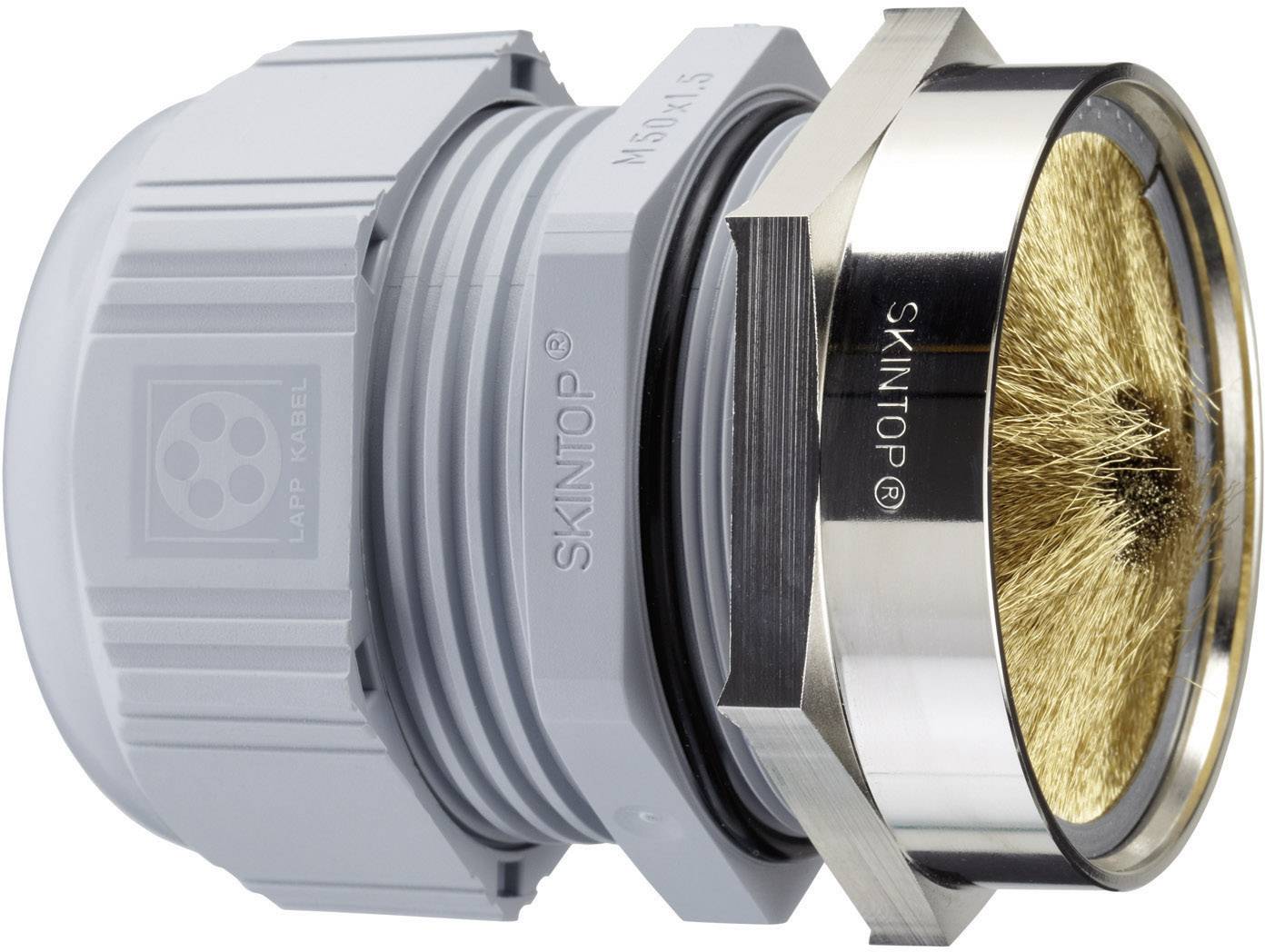 Grey cable gland element with a metallic brush insert on the right side. Contains the inscription 'SKINTOP'.