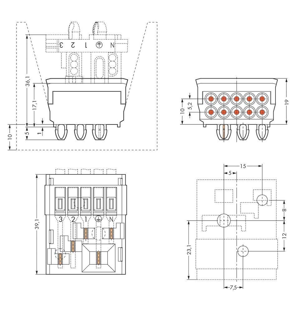 Technical drawing of a 3-pin plug with dimensional specifications: dimensions, hole positions and various views for assembly and manufacture.
