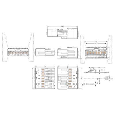 Technical drawing of a connector with dimensions and connection points. Shows front, side, and top views.