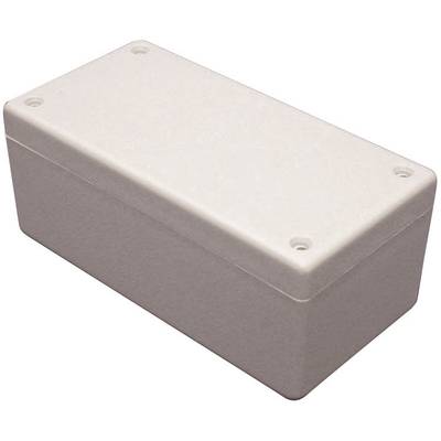 Rectangular white plastic enclosure with rounded edges and small screw holes at the corners on the top surface.
