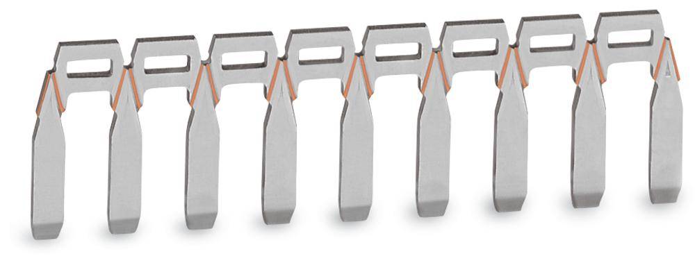 Metallic connecting strip with nine identical teeth, used for electrical connection in a distribution box.