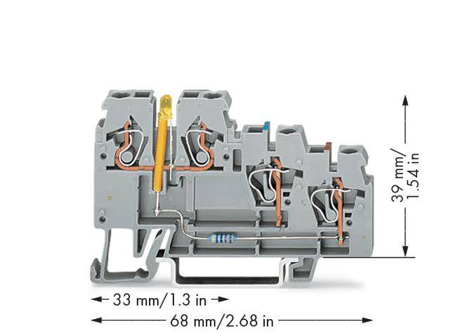 A grey clip-on terminal block with dimensions: height 39 mm, width 68 mm, depth 33 mm. Shows internal electrical connections and terminals.