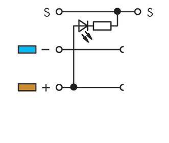 Circuit diagram of an electrical circuit with a light-emitting diode, two connection points, and switches. Upper line connects S-points.