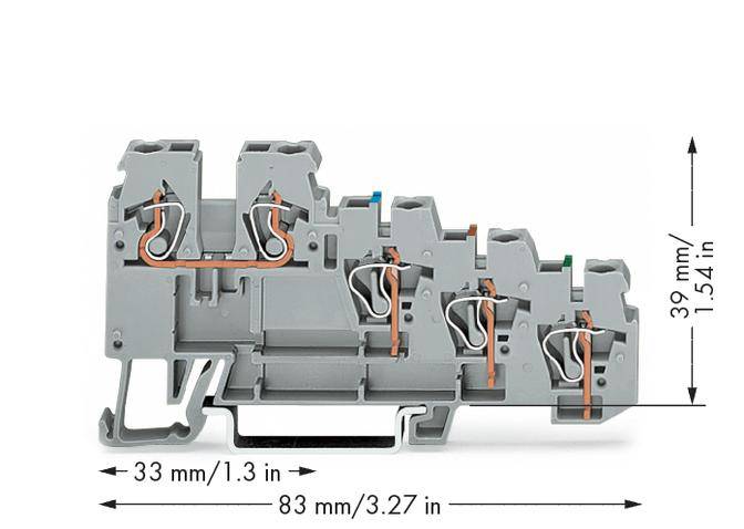 Average grey clamp with dimensions: width 83 mm/3.27 in, height 39 mm/1.54 in, depth 33 mm/1.3 in.