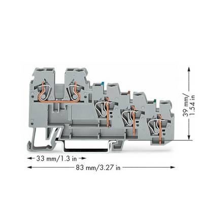 Average grey clamp with dimensions: width 83 mm/3.27 in, height 39 mm/1.54 in, depth 33 mm/1.3 in.