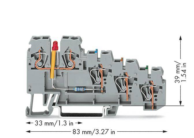 'Terminal block with four connections, an integrated resistor, and a red indicator light. Dimensions: 33 mm wide, 39 mm high, 83 mm long.'