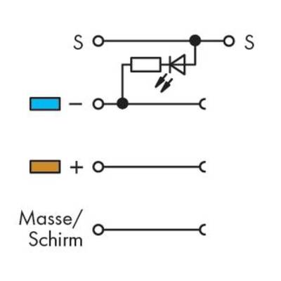 Electrical circuit diagram shows cable connections: Blue for earth/screen, Orange for positive pole, with LED component between two connections.