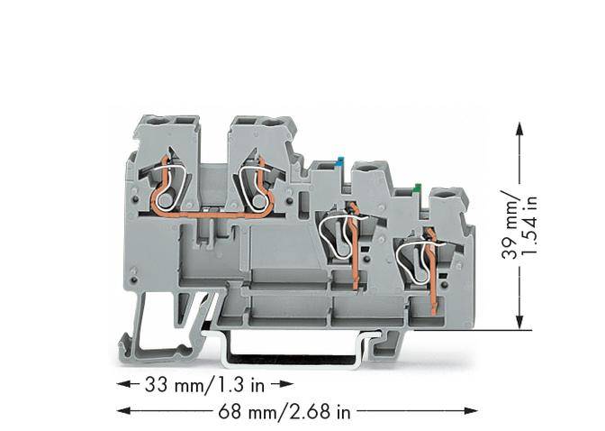 Screw terminal block, grey plastic housing with copper connections, 33 mm wide, 68 mm long, 39 mm high.