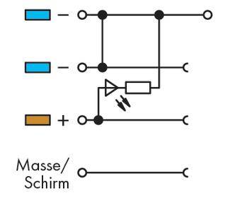 Circuit diagram shows a connection with blue and brown cables; brown cable used as ground/screen. Drawing includes an amplifier.