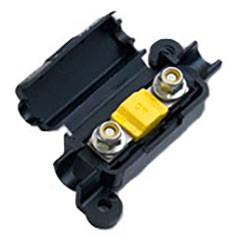 'Vehicle electrical fuse holder fitted with a yellow fuse, suitable for securing electrical circuits in motor vehicles.'