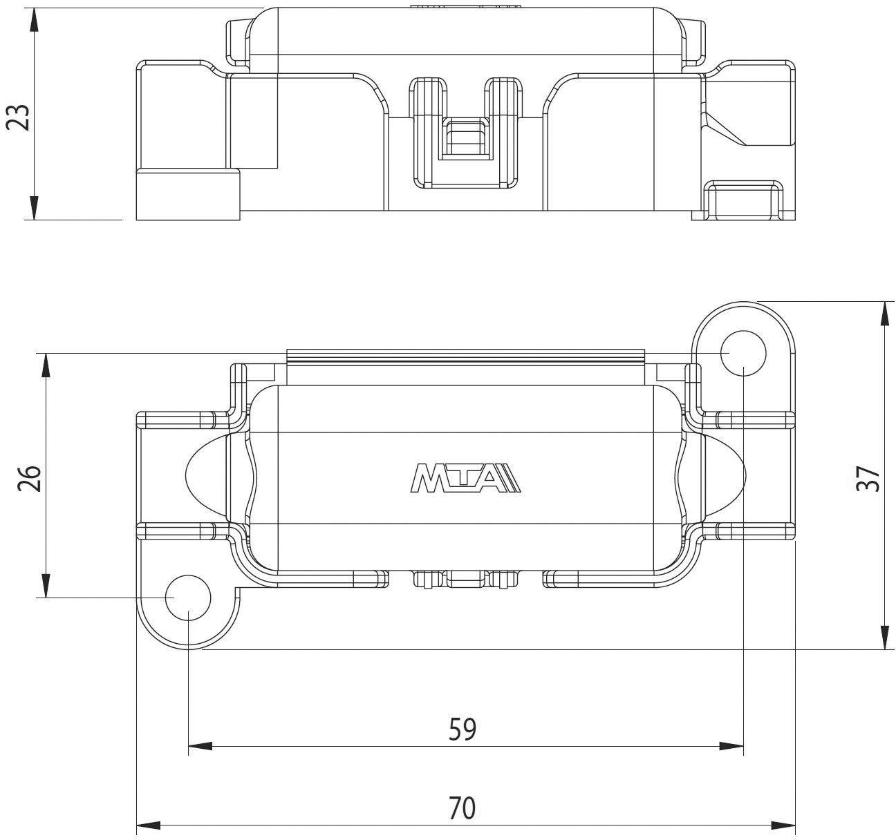Technical drawing of a component with dimensions: 23 and 26 mm height, 70 mm width. Structural details in top view and profile view.