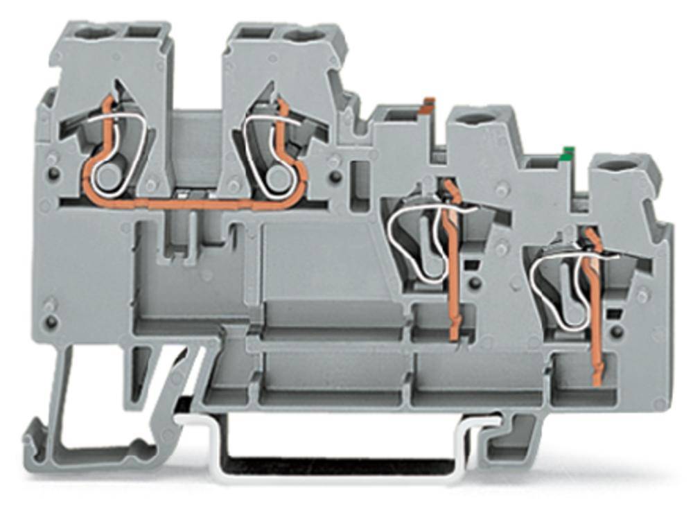 Grey plastic electrical connection block with copper wiring, side view. Suitable for wiring in electrical control cabinets.