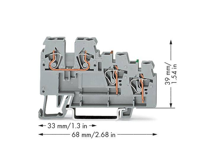 Grey terminal block with a cross-section of 33 mm x 39 mm x 68 mm; demonstrates the interconnectivity of the electrical connections.