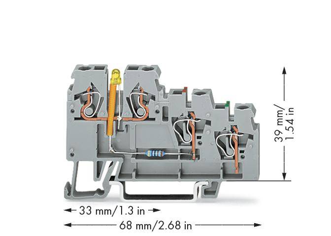 Cross-section of a grey, three-tier terminal block with built-in resistors and measuring strip, with dimensions: 33 mm x 39 mm x 68 mm.
