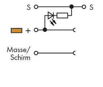 'Circuit diagram with diode, resistor and LEDs between positive and signal line. Ground/screening line shown separately.'