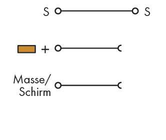 Circuit diagram with three wires: At the top 'S' to 'S', centre rectangular symbol connected with '+', bottom 'earth/screen'.