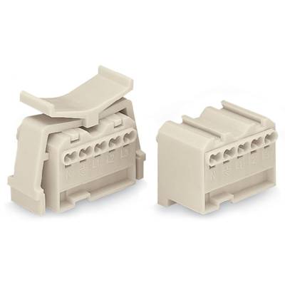 Two beige plastic plugs with multiple connections, suitable for electrical connections. Left one with removable cover.