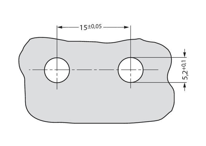 Two circular holes in the middle of an irregular rectangular object. Holes have spacings of 15±0.05 and 5.2±0.1.