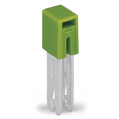A green plastic clip with a transparent, four-stage plug element, presumably for fixing or connecting components.