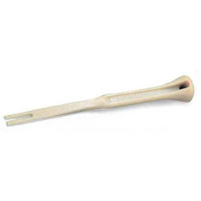 A cream-coloured plastic asparagus or oyster holder with a long handle and a forked end.