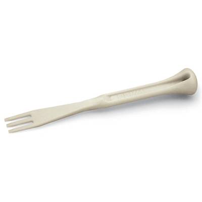 A small, beige plastic fork with three prongs, slightly curved and with a narrow handle. Perfect for single-use occasions.