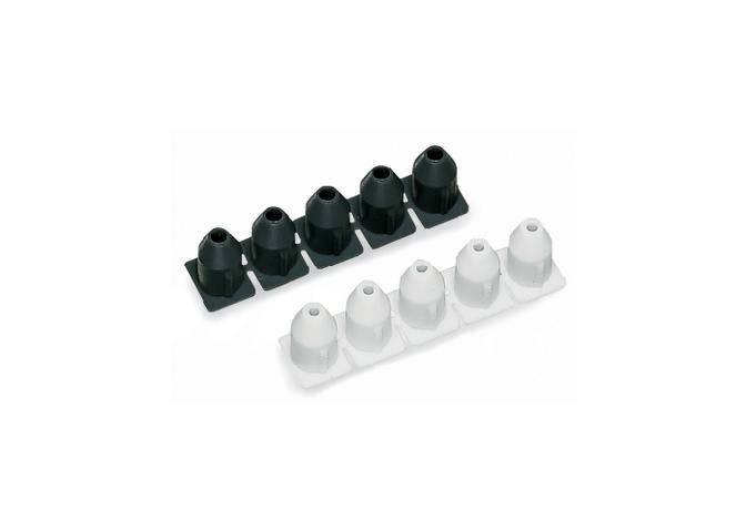 Black and white protective covers for rosette handles, arranged side by side in two rows, on a white surface.