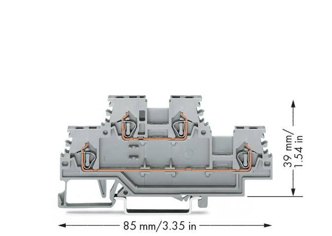 Grey electrical terminal block with orange levers. Size: 85 mm long, 39 mm high.