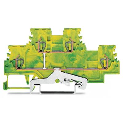 A green-yellow terminal block with metal connections in close-up. Used for securely connecting electrical wires.
