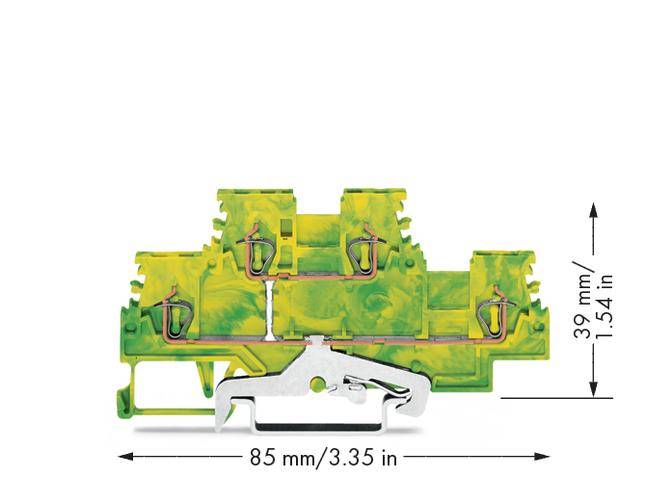 'Illustration of the TRIO-PE earthing terminal housing. Product dimensions: 85 mm wide, 39 mm high.'