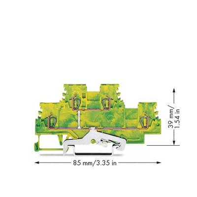 'Illustration of the TRIO-PE earthing terminal housing. Product dimensions: 85 mm wide, 39 mm high.'