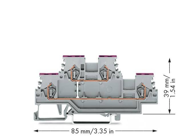 A cross-sectional view of an electrical connector with terminals, three plug positions and dimensions of 85 mm x 39 mm.