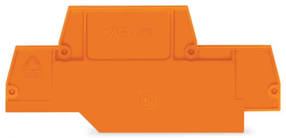 Orange plastic component with recycling symbol and embossed 'WAGO' lettering.