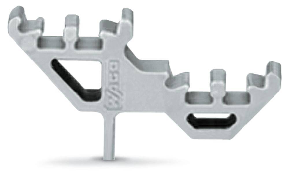 Metal key with multiple key profiles and a hole in the centre. Used for specific technical applications.