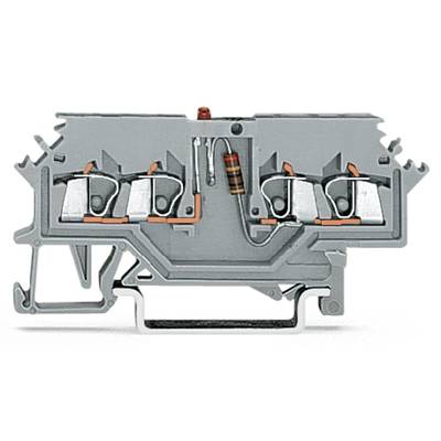 Grey-orange terminal block in cross-section view, showing internal components such as metal contacts and resistance.