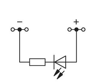 Electronic circuit diagram with a diode, resistor, and symbolic connections for current flow from negative to positive.