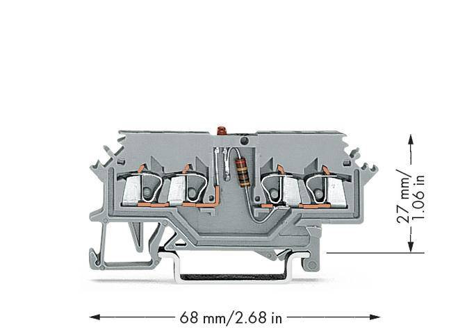 Electrical terminal with dimensions: width 68 mm and height 27 mm, showing internal connection components.