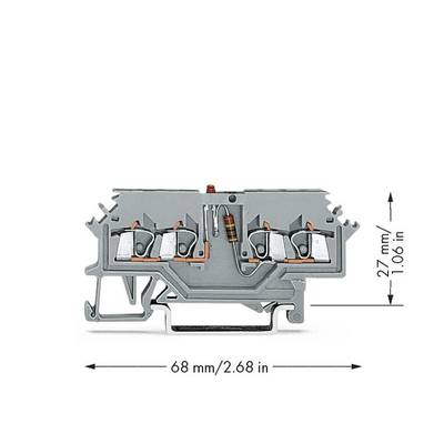 Electrical terminal with dimensions: width 68 mm and height 27 mm, showing internal connection components.