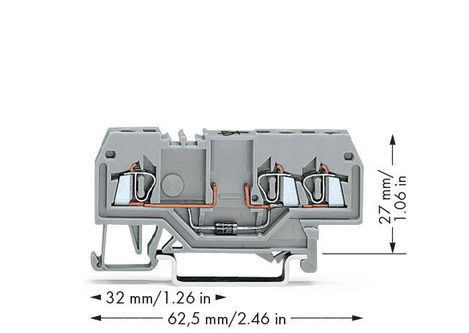 A grey electrical plug-in terminal block measuring 62.5 mm in length, 32 mm in width, and 27 mm in height.