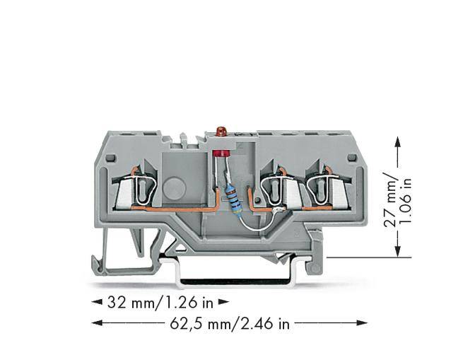 Grey-orange electrical terminal with two connections and a resistor in the middle, dimensions: 62.5 x 32 x 27 mm.