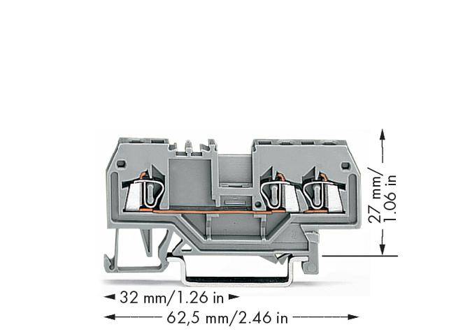 Grey-coloured crocodile clip with dimensions of 32 mm width, 27 mm height, and 62.5 mm depth, shown in cross-section.