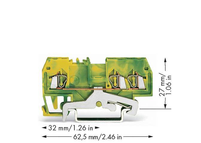 Compact electrical terminal with green and yellow insulation, length 62.5 mm, height 27 mm, width 32 mm, two connection points.
