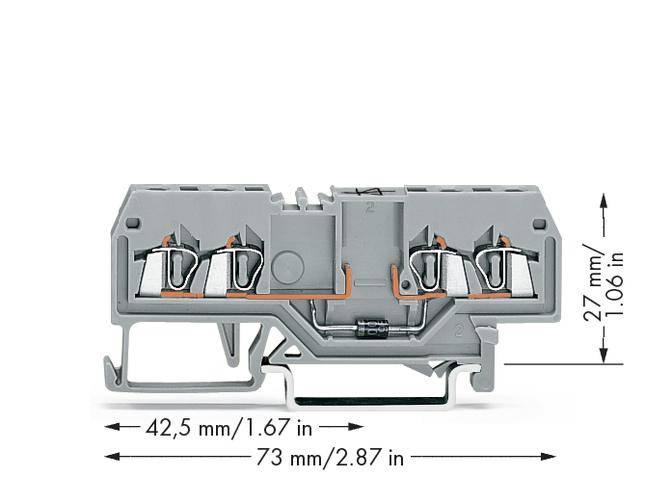 Double-decker terminal block, grey, with lever, dimensions: 42.5 mm wide, 73 mm long, 27 mm high.