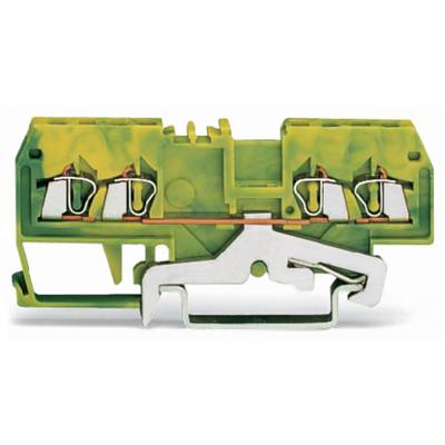 Green-yellow electrical terminal block with metal contacts and lever mechanism, for secure fastening of cables in electrical installations.