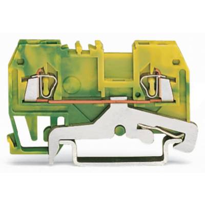Image of a green and yellow terminal block module with metal contacts, used in electrical switchboard installations.