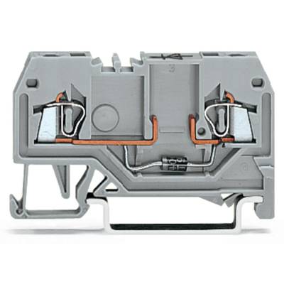Electrical terminal block in grey, showing internal wiring and connections, used in electrical control cabinets.