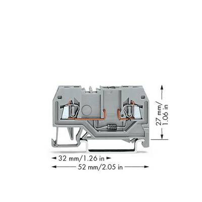 Grey terminal block with dimensions: 32 mm width, 52 mm length, 27 mm height. Contains two metal connecting elements.