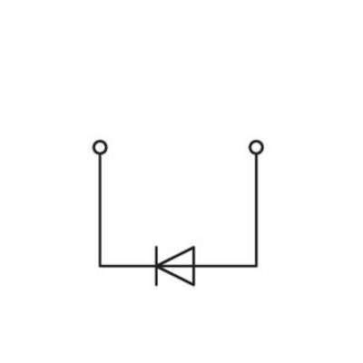 Circuit diagram with a diode between two connection points, showing current flow direction from left to right.