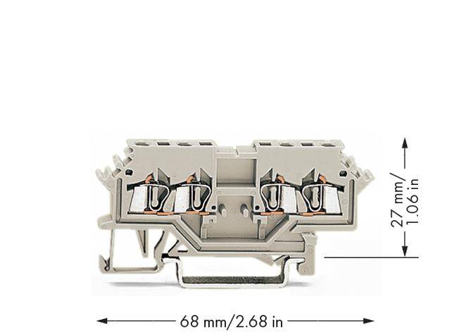 Grey terminal block with dimensions: width 68 mm, height 27 mm. Suitable for electrical wiring on a DIN rail.
