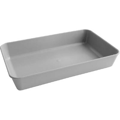 A grey, rectangular tray without any further details or decoration.